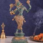 Vintage Brass Vishnu as Lord Krishna Statue with Green Sand Finish - 14.5"